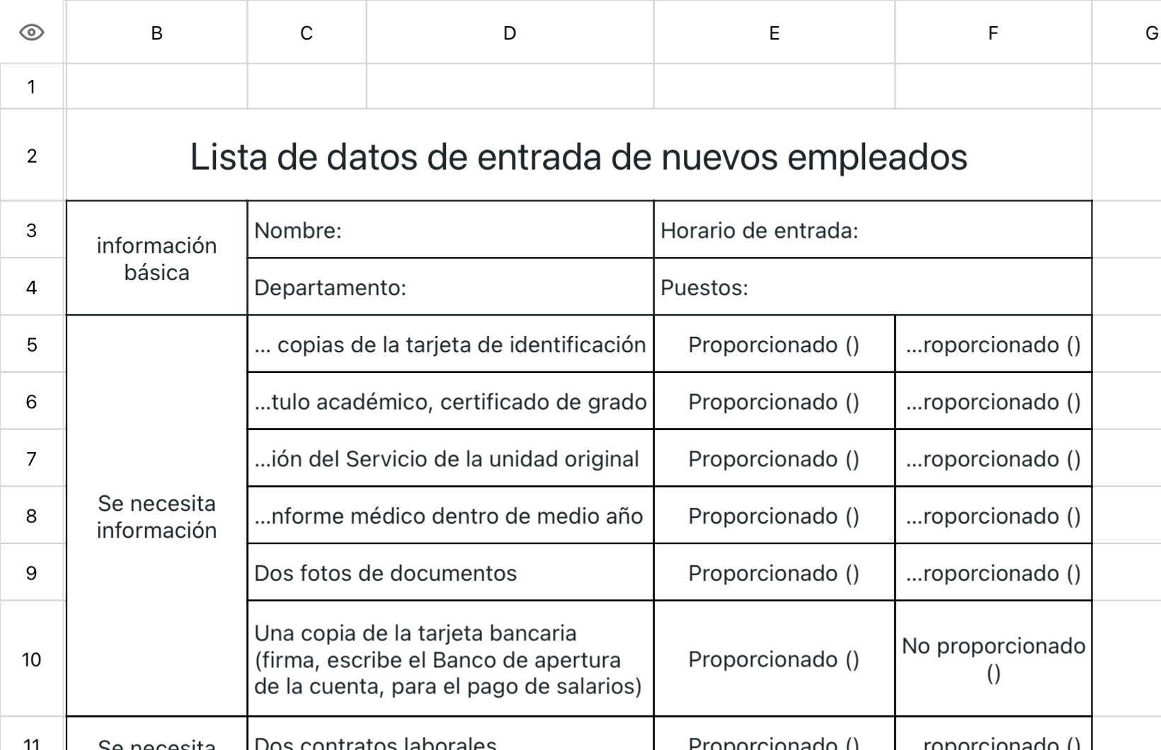 Lista de datos de entrada de nuevos empleados